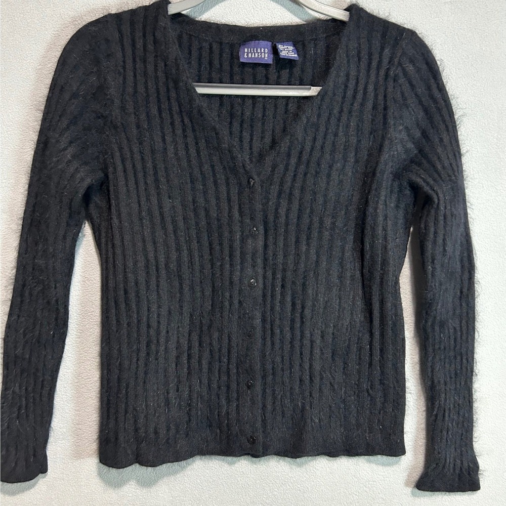 Hillard & Hanson Cardigan Women M Black Angora Rabbit Hair Ribbed V-Neck Fuzzy